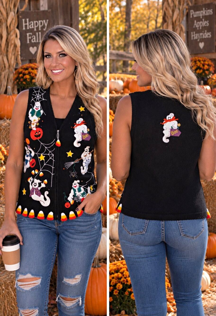Vintage Halloween Knit Sweater Vest Black Applique Large Handmade